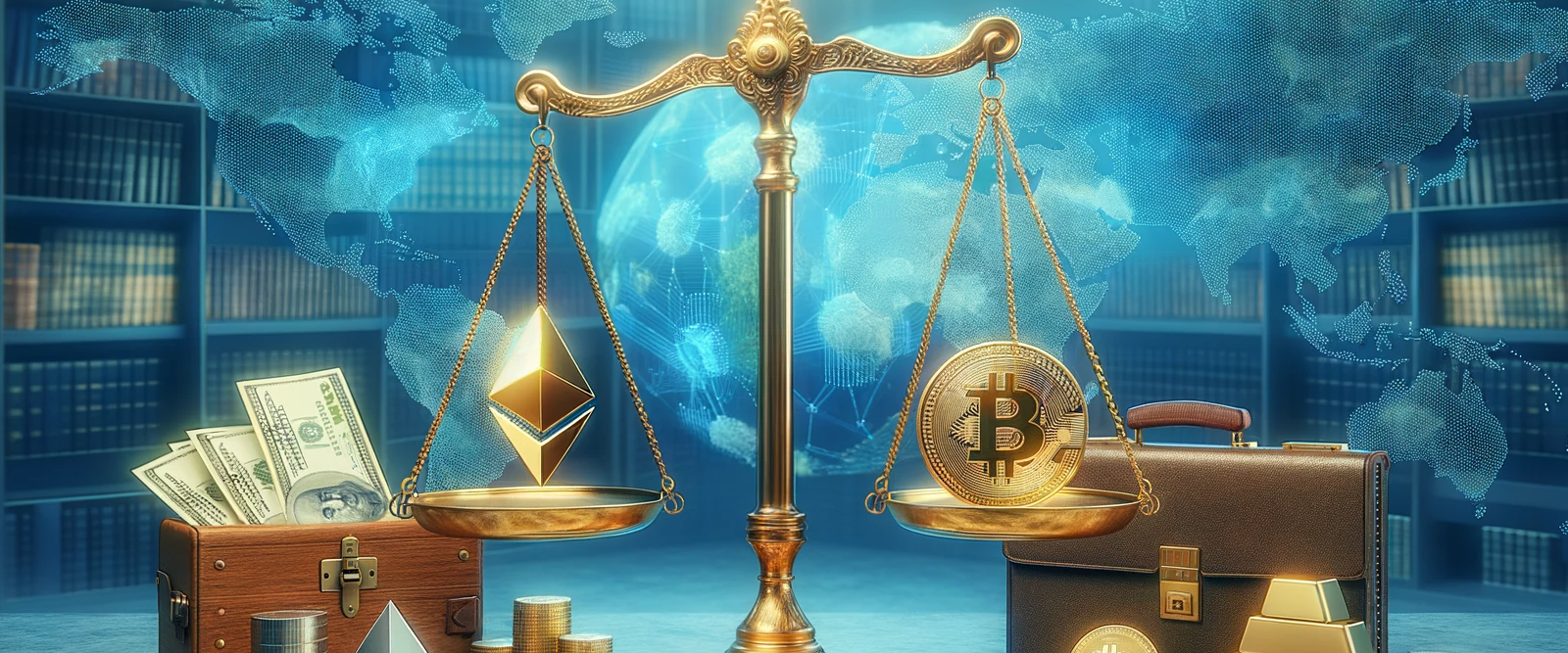 Realistic golden scale of justice, perfectly balanced in the center of the image. On the left plate of the scale are finely detailed representations of traditional finance: crisp dollar bills, shining gold bars, and a sophisticated leather briefcase. On the right plate, symbols of the blockchain world are displayed: a 3D-rendered Bitcoin, a tangible Ethereum coin with its iconic logo, and a luminous digital cube. In the background, a soft, semi-transparent world map overlays, symbolizing the global implications of finance. The composition is set against a modern blue hue, encapsulating the harmonious blend of the old and new financial worlds.